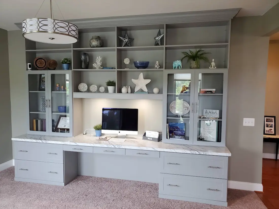 Custom built-in home office with display shelving in James Island SC